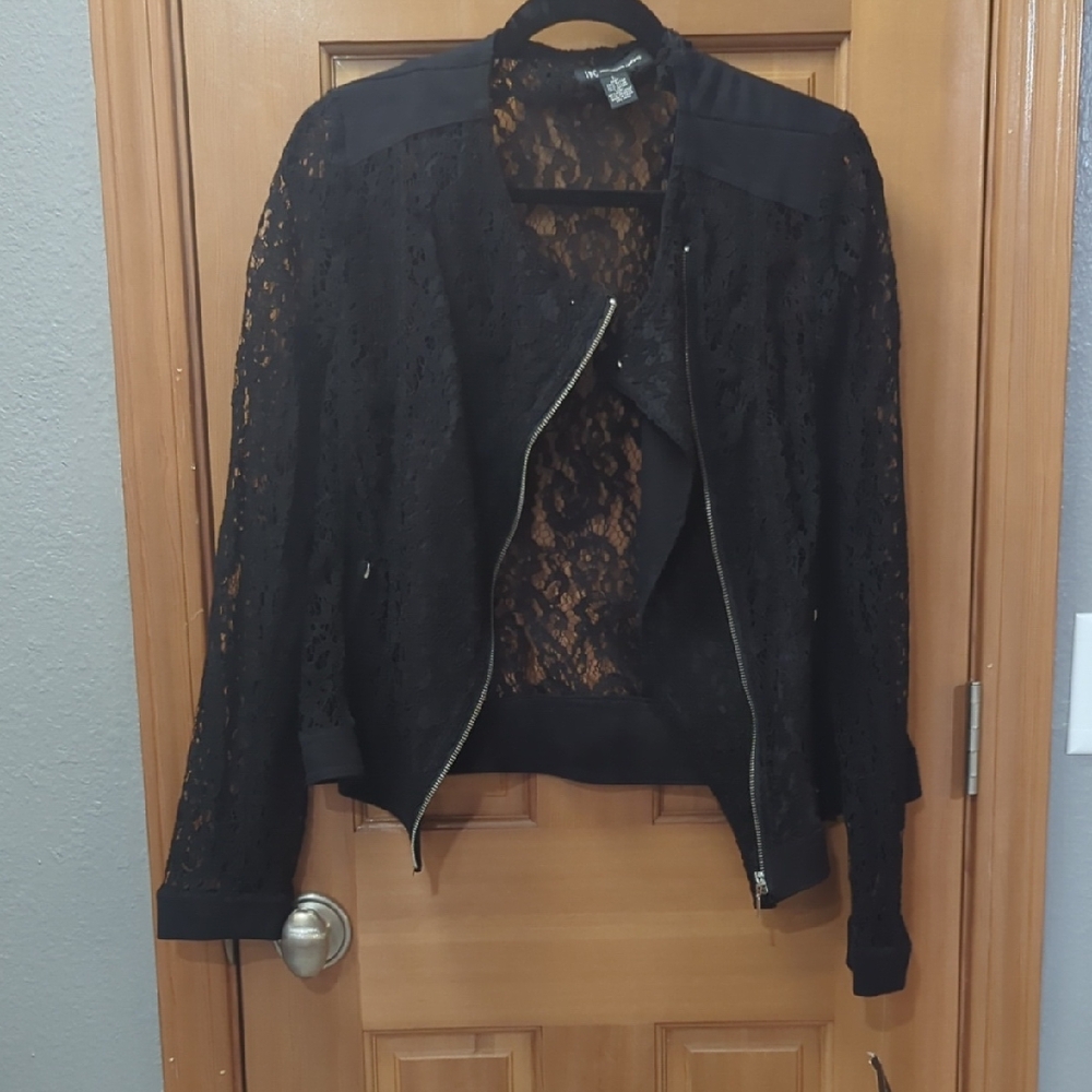 INC International Concepts Black Lace Bomber Jacket